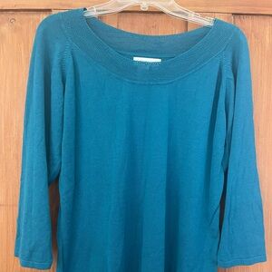 Coldwater Creek Teal Blue Crochet Lace Silk Cotton Knit Top XL